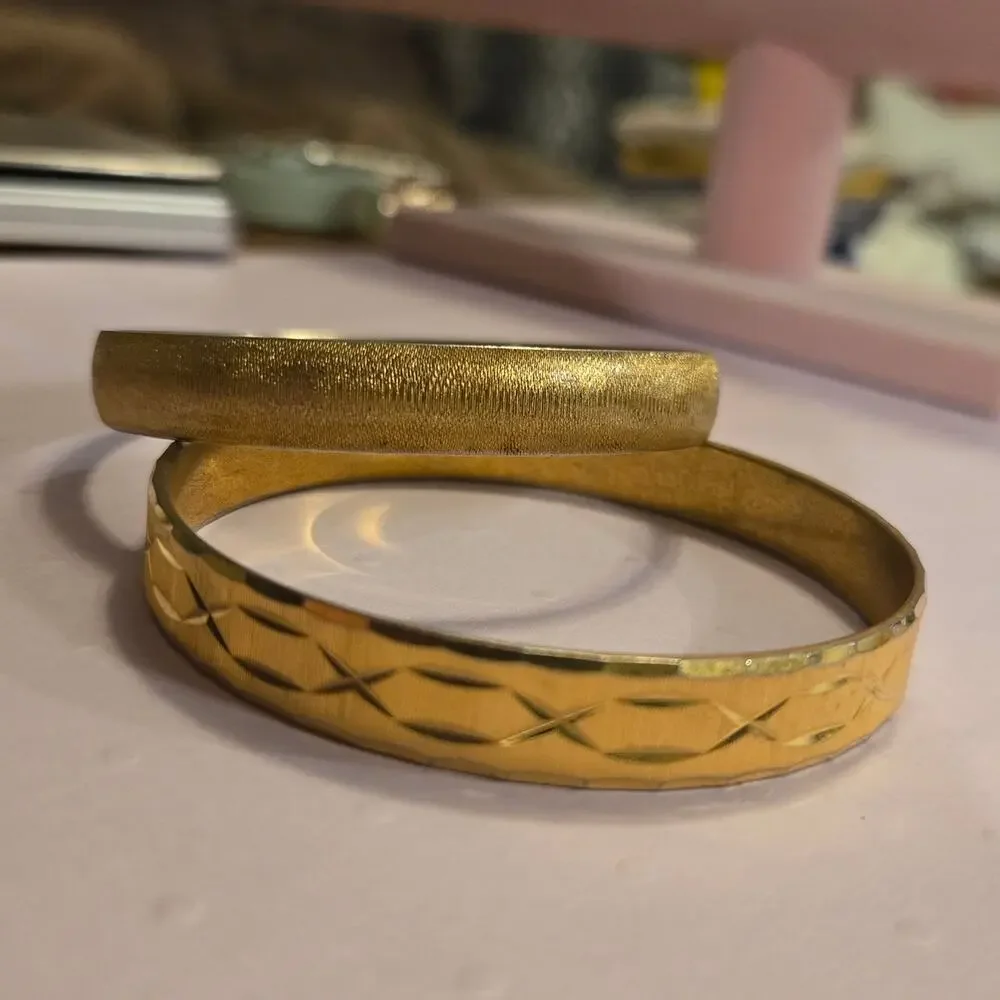Vintage MONET Signed Gold Tone Bangle Bracelet Set Stackable Textured Pair
